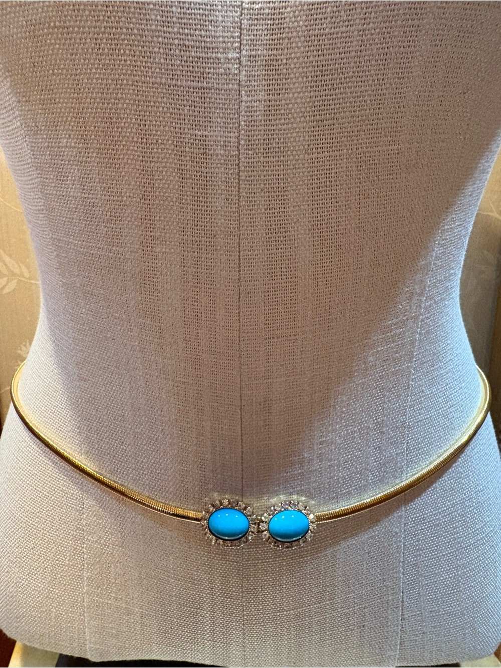 Gold-tone Stretch Waist Belt with Turquoise Cabochons & Rhinestones